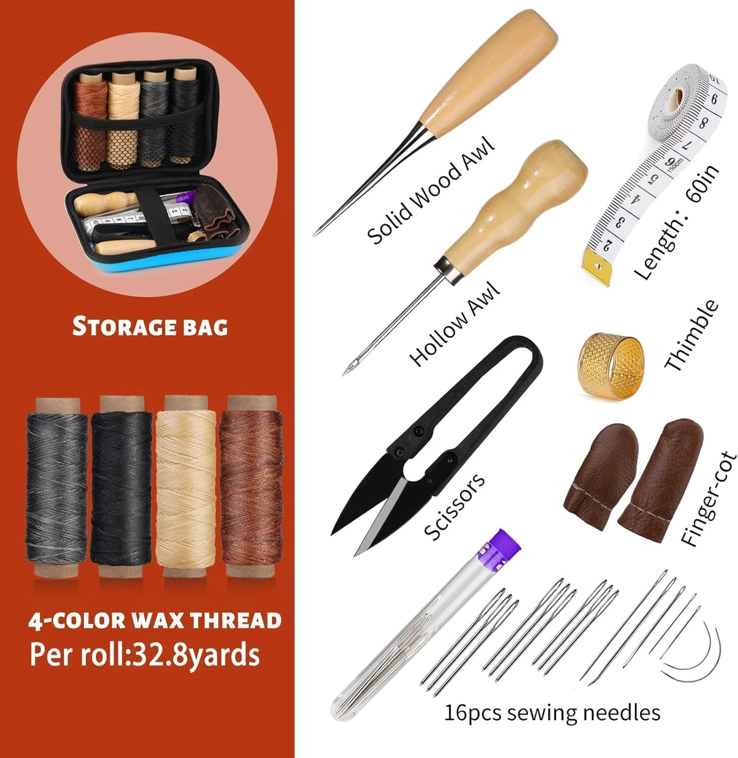 ALMEKAQUZ Leather Sewing Kit, Working Tools and Supplies With Large-Eye Stitching Needles, Waxed Thread, Upholstery Repair Kit