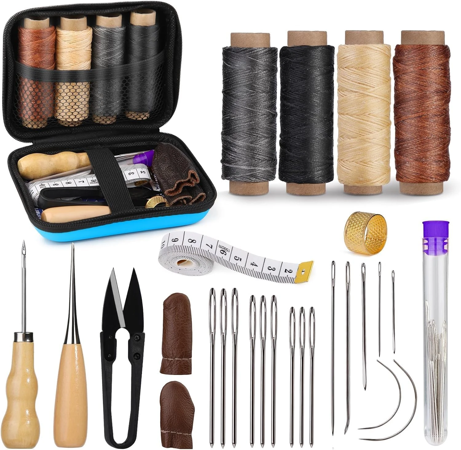 ALMEKAQUZ Leather Sewing Kit, Working Tools and Supplies With Large-Eye Stitching Needles, Waxed Thread, Upholstery Repair Kit