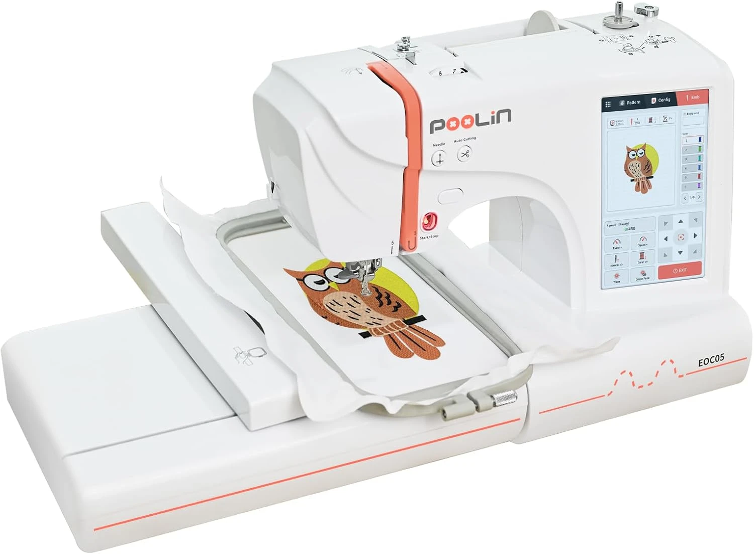POOLIN EOC05 Embroidery Machine 10x23.5 cm Large Embroidery Area, Computerized 7 Inch Large LCD Touchscreen for Beginners, Include Thread Stabilizer Bobbins USB Hoops