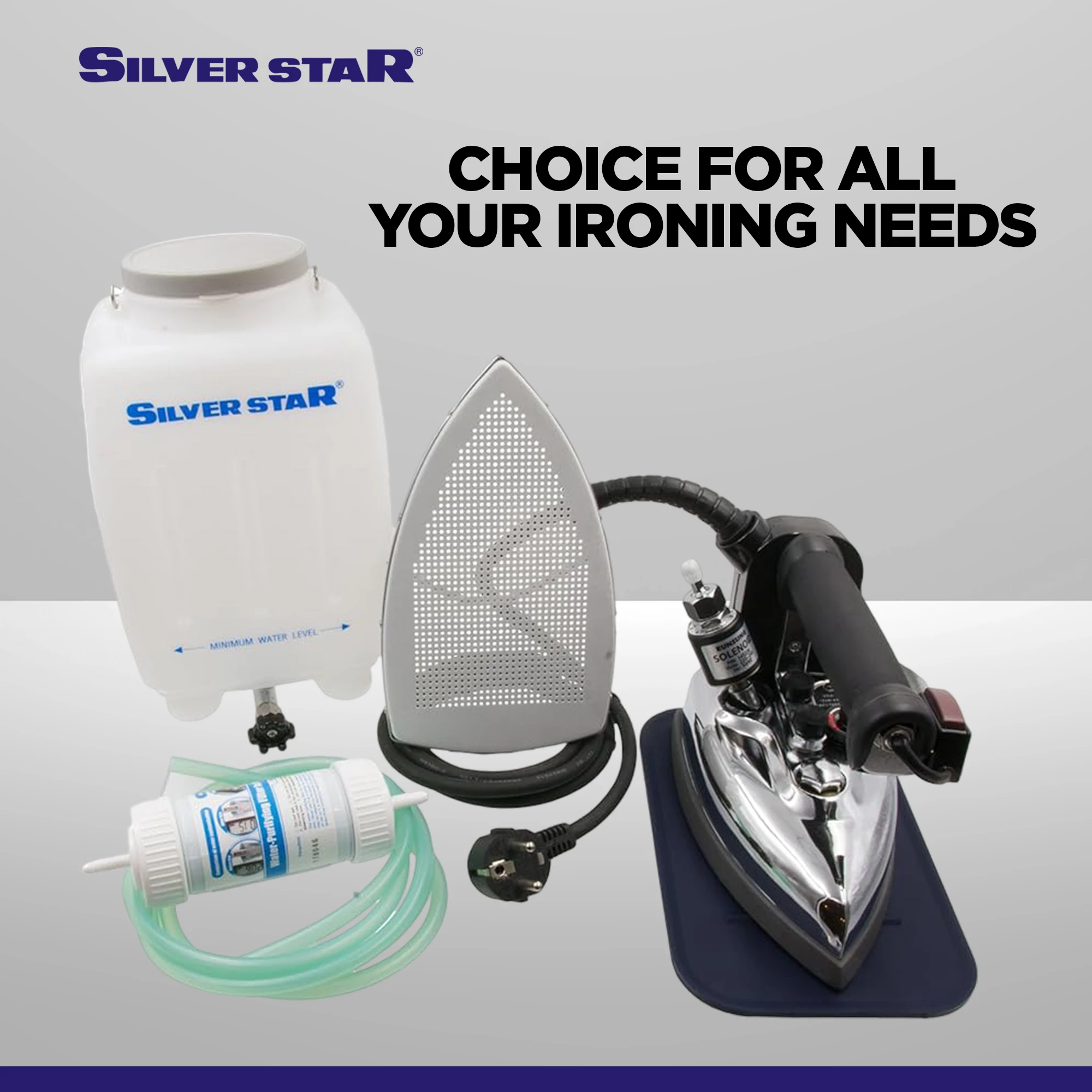 Silver Star ES-300 220 Volt Gravity-Fed Steam Iron - Hanging Bottle Gravity Feed Steam Iron with Non-Stick Laminate Sole Plate, Demineralizer Cartridge & Silicone Iron Rest | 4.0 Water Tank 1300 Watts