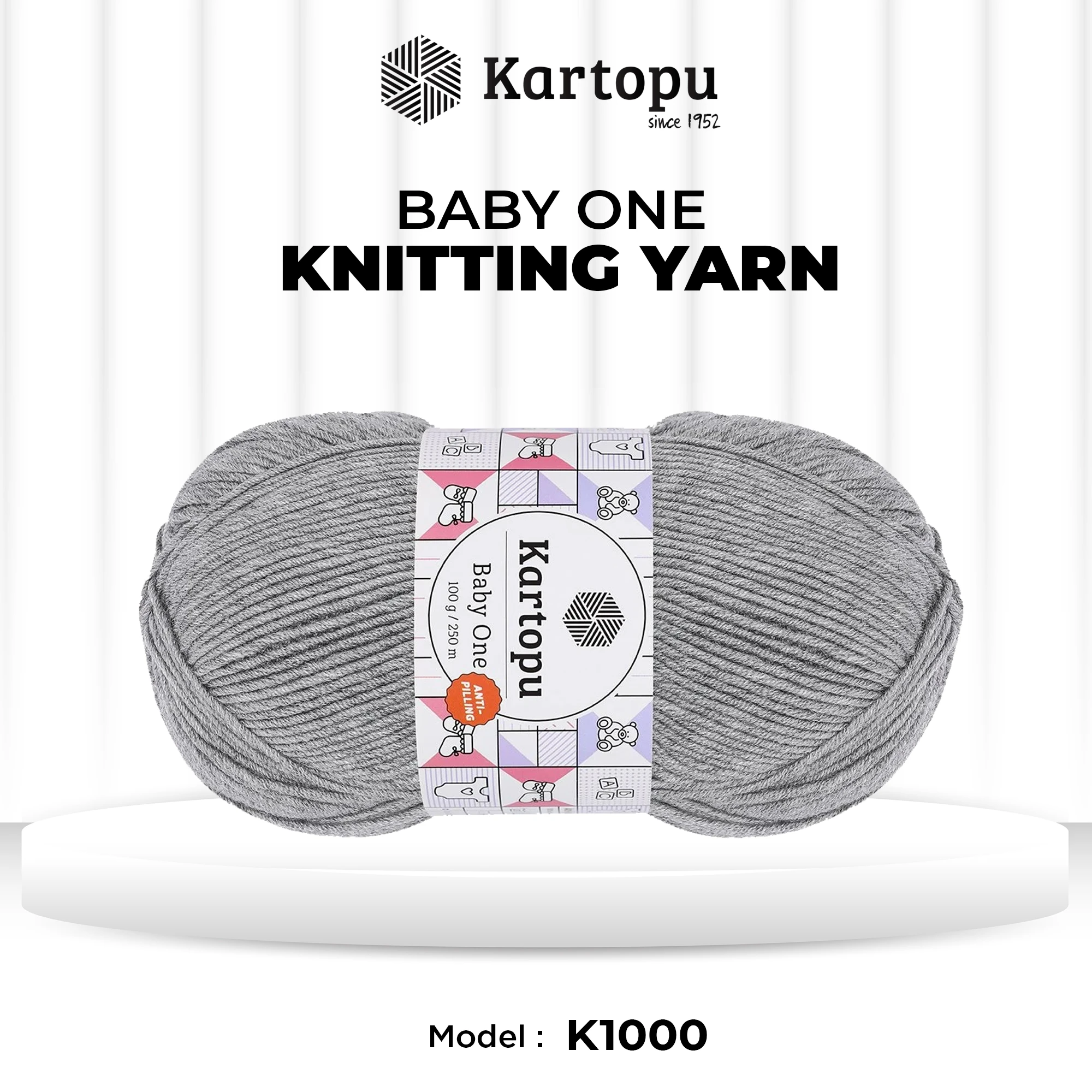 Kartopu K1000 Baby One Knitting Yarn â€“ 100g, 250m | Soft Acrylic Yarn for Babywear & Accessories (Melange Grey)