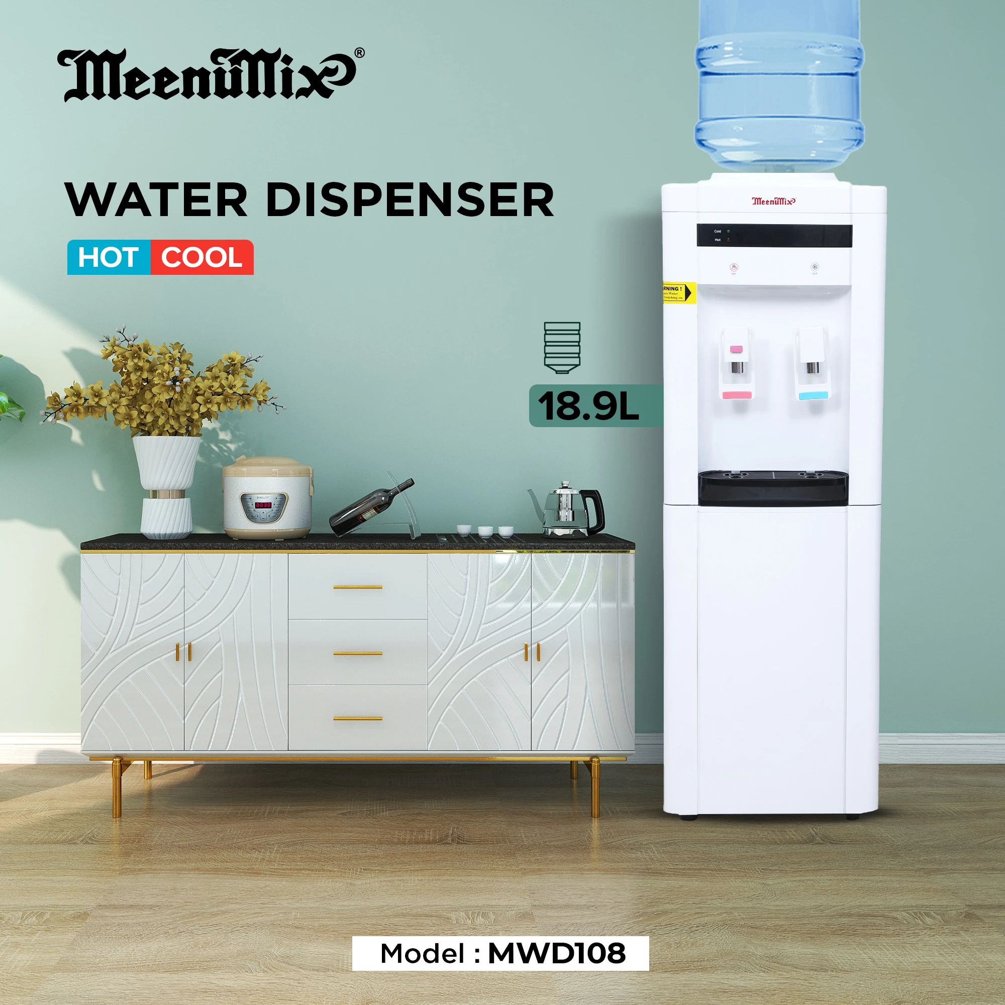 Meenumix Water Dispenser Hot & Cold, Floor Standing, Child Lock, 18.9L bottle can capacity, minimum 5L/Hr Heat and minimum 3L/Hr cooling Capacity, White made in india